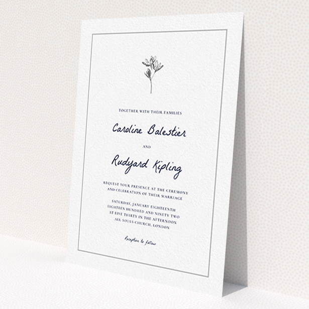 A wedding invite card design titled 'My little daisy'. It is an A6 invite in a portrait orientation. 'My little daisy' is available as a flat invite, with tones of white and grey.