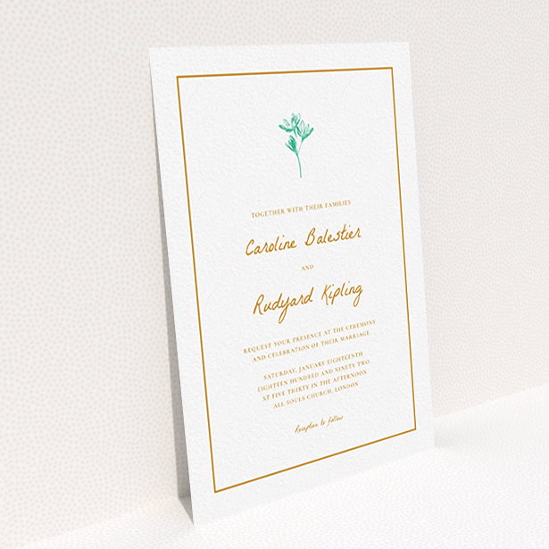A wedding invite card named "My little daisy". It is an A6 invite in a portrait orientation. "My little daisy" is available as a flat invite, with tones of white and green.
