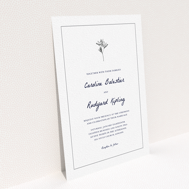 A wedding invite card design titled "My little daisy". It is an A6 invite in a portrait orientation. "My little daisy" is available as a flat invite, with tones of white and grey.