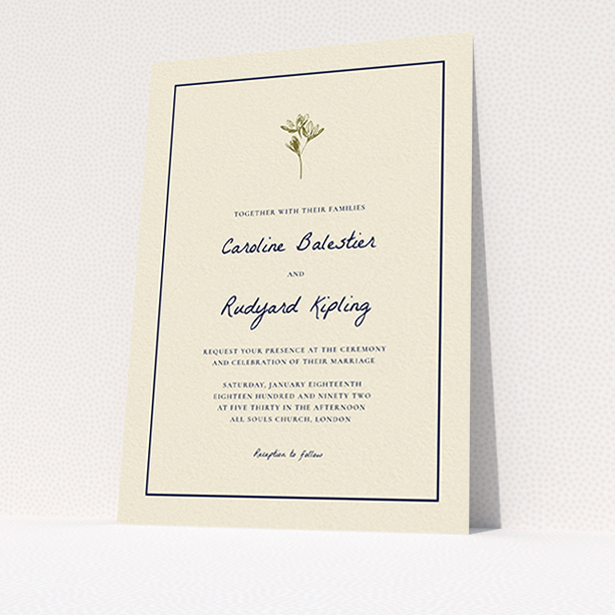 A wedding invite card called "My little daisy". It is an A6 invite in a portrait orientation. "My little daisy" is available as a flat invite, with tones of cream and gold.