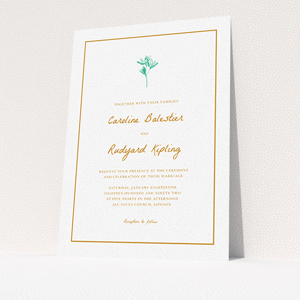 A wedding invite card named "My little daisy". It is an A6 invite in a portrait orientation. "My little daisy" is available as a flat invite, with tones of white and green.
