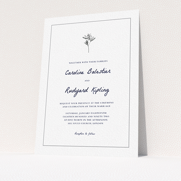 A wedding invite card design titled "My little daisy". It is an A6 invite in a portrait orientation. "My little daisy" is available as a flat invite, with tones of white and grey.