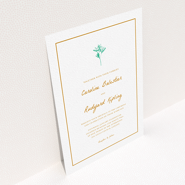 A wedding invite card named "My little daisy". It is an A6 invite in a portrait orientation. "My little daisy" is available as a flat invite, with tones of white and green.