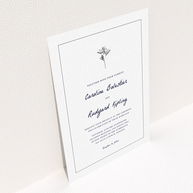 A wedding invite card design titled "My little daisy". It is an A6 invite in a portrait orientation. "My little daisy" is available as a flat invite, with tones of white and grey.