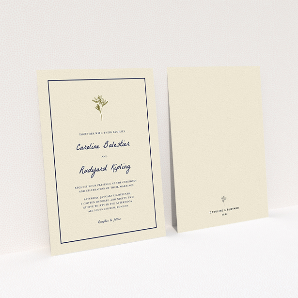 A wedding invite card called "My little daisy". It is an A6 invite in a portrait orientation. "My little daisy" is available as a flat invite, with tones of cream and gold.