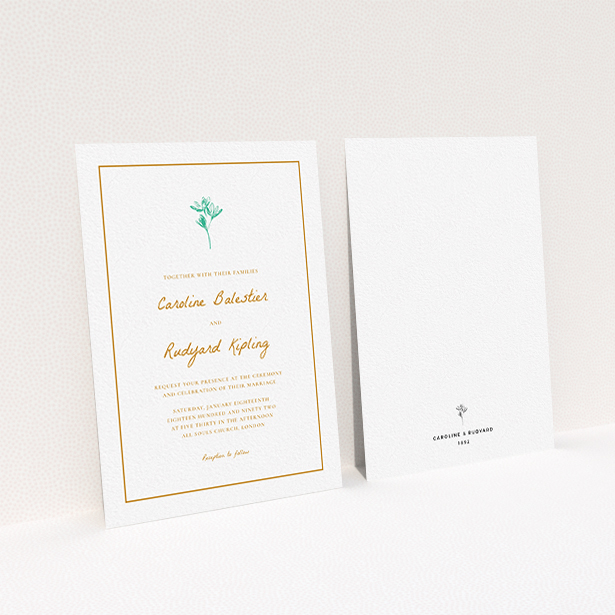 A wedding invite card named "My little daisy". It is an A6 invite in a portrait orientation. "My little daisy" is available as a flat invite, with tones of white and green.