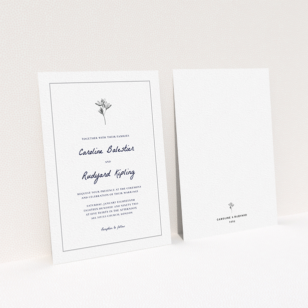 A wedding invite card design titled "My little daisy". It is an A6 invite in a portrait orientation. "My little daisy" is available as a flat invite, with tones of white and grey.