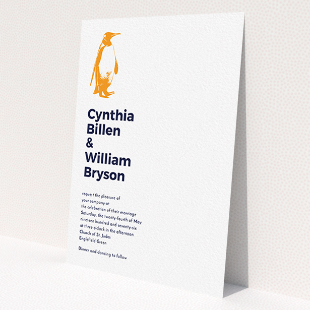 A wedding invite card named 'My little penguin'. It is an A6 invite in a portrait orientation. 'My little penguin' is available as a flat invite, with tones of white and orange.
