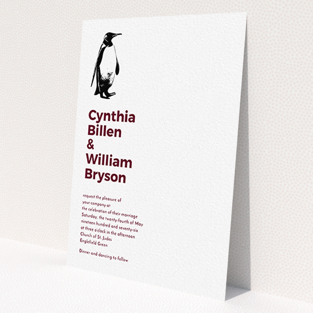 A wedding invite card design called 'My little penguin'. It is an A6 invite in a portrait orientation. 'My little penguin' is available as a flat invite, with tones of white and burgundy.