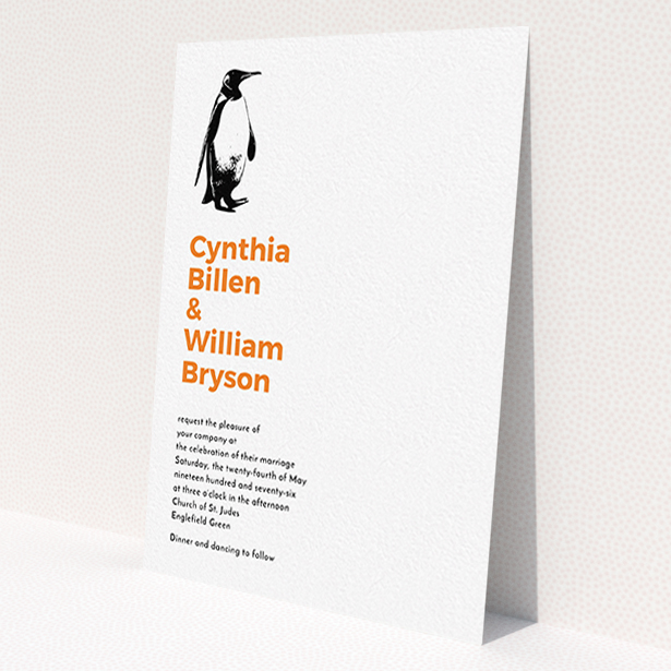 A wedding invite card template titled 'My little penguin'. It is an A6 invite in a portrait orientation. 'My little penguin' is available as a flat invite, with tones of white and orange.