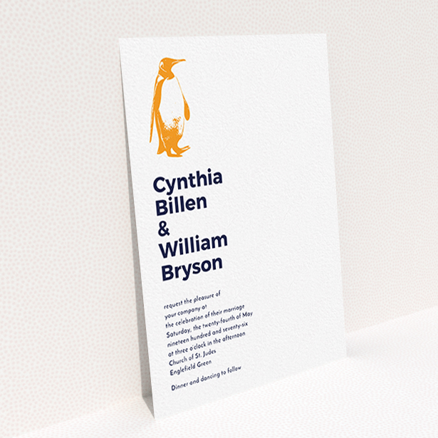 A wedding invite card named "My little penguin". It is an A6 invite in a portrait orientation. "My little penguin" is available as a flat invite, with tones of white and orange.