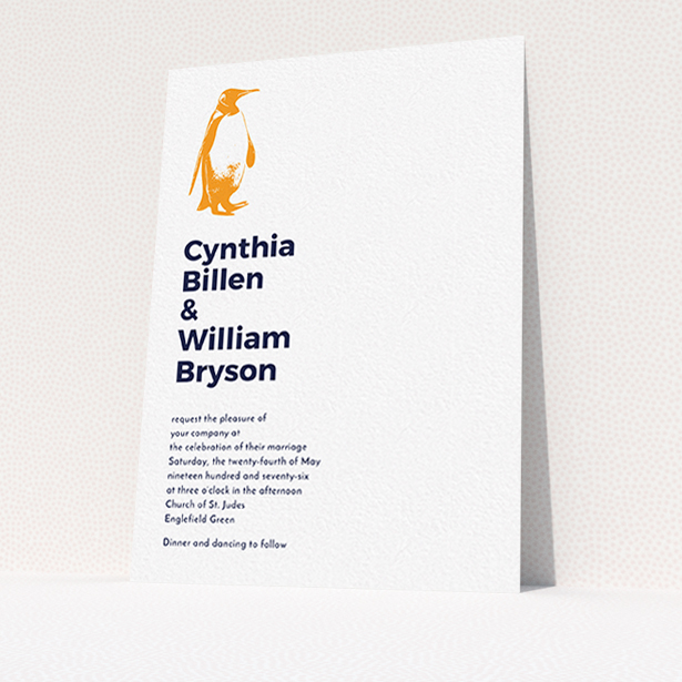 A wedding invite card named "My little penguin". It is an A6 invite in a portrait orientation. "My little penguin" is available as a flat invite, with tones of white and orange.
