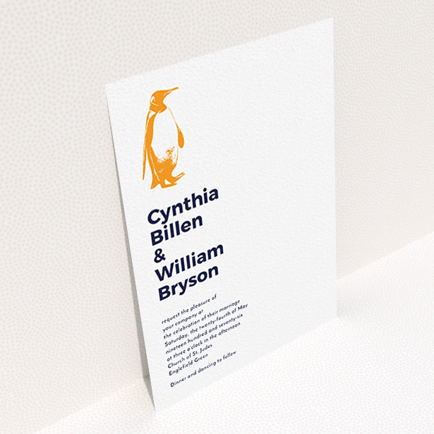 A wedding invite card named "My little penguin". It is an A6 invite in a portrait orientation. "My little penguin" is available as a flat invite, with tones of white and orange.