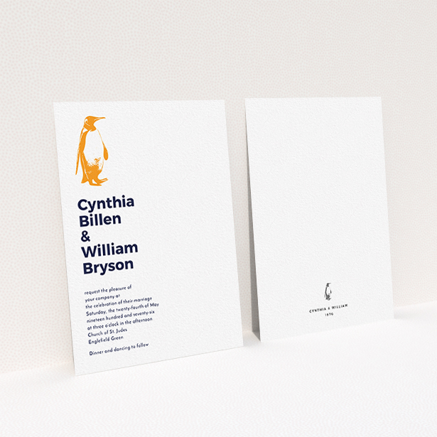 A wedding invite card named "My little penguin". It is an A6 invite in a portrait orientation. "My little penguin" is available as a flat invite, with tones of white and orange.
