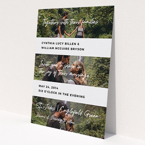 A wedding invite card design named 'Newsreel'. It is an A6 invite in a portrait orientation. It is a photographic wedding invite card with room for 3 photos. 'Newsreel' is available as a flat invite, with tones of black and white.