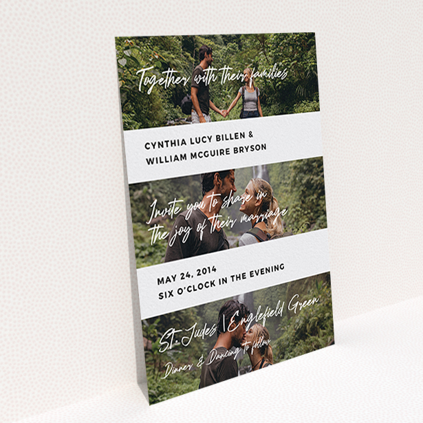 A wedding invite card design named "Newsreel". It is an A6 invite in a portrait orientation. It is a photographic wedding invite card with room for 3 photos. "Newsreel" is available as a flat invite, with tones of black and white.