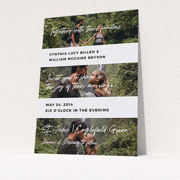 A wedding invite card design named "Newsreel". It is an A6 invite in a portrait orientation. It is a photographic wedding invite card with room for 3 photos. "Newsreel" is available as a flat invite, with tones of black and white.