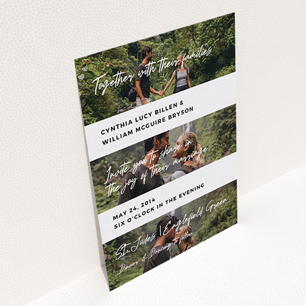 A wedding invite card design named "Newsreel". It is an A6 invite in a portrait orientation. It is a photographic wedding invite card with room for 3 photos. "Newsreel" is available as a flat invite, with tones of black and white.