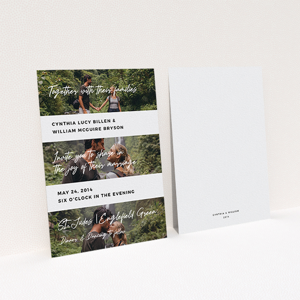 A wedding invite card design named "Newsreel". It is an A6 invite in a portrait orientation. It is a photographic wedding invite card with room for 3 photos. "Newsreel" is available as a flat invite, with tones of black and white.