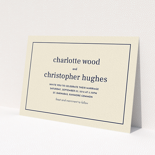 A wedding invite card called 'Nice and square'. It is an A6 invite in a landscape orientation. 'Nice and square' is available as a flat invite, with mainly dark cream colouring.