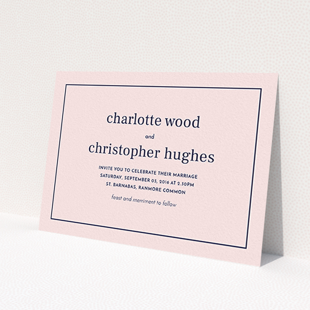 A wedding invite card design named 'Nice and square'. It is an A6 invite in a landscape orientation. 'Nice and square' is available as a flat invite, with mainly pink colouring.
