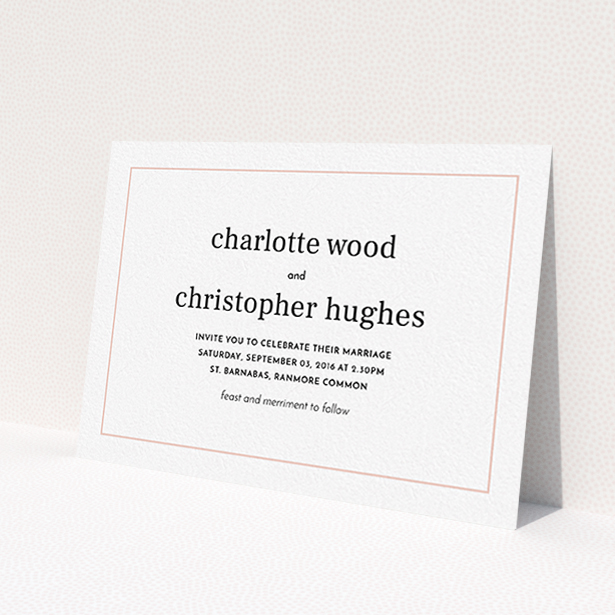A wedding invite card template titled 'Nice and square'. It is an A6 invite in a landscape orientation. 'Nice and square' is available as a flat invite, with tones of white and Pink.