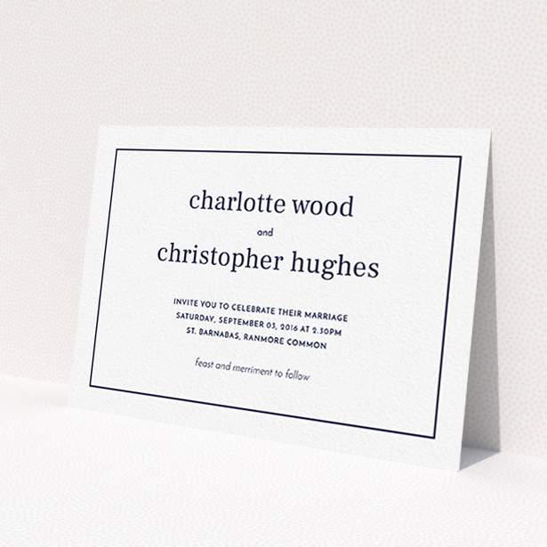A wedding invite card design titled 'Nice and square'. It is an A6 invite in a landscape orientation. 'Nice and square' is available as a flat invite, with mainly white colouring.