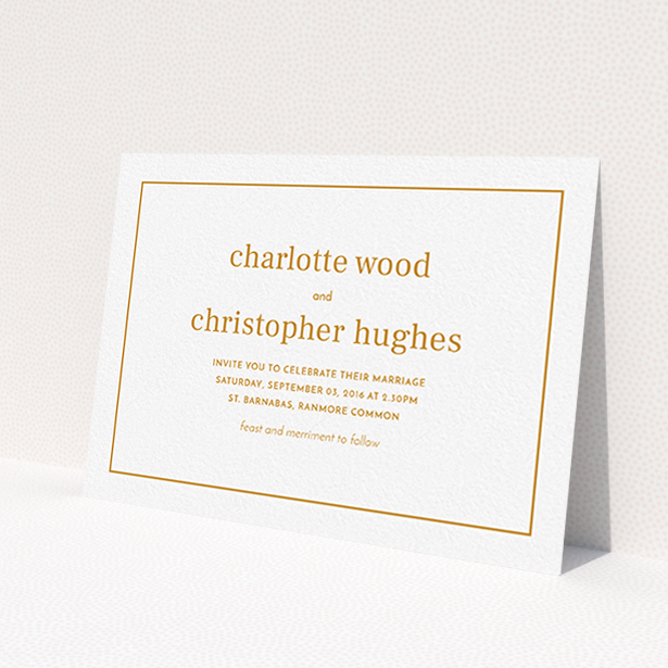 A wedding invite card named 'Nice and square'. It is an A6 invite in a landscape orientation. 'Nice and square' is available as a flat invite, with tones of white and orange.