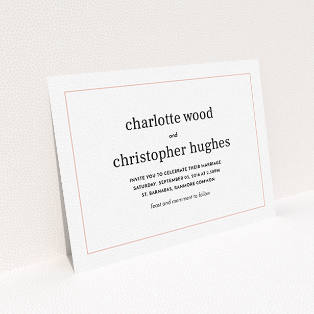 A wedding invite card template titled "Nice and square". It is an A6 invite in a landscape orientation. "Nice and square" is available as a flat invite, with tones of white and Pink.
