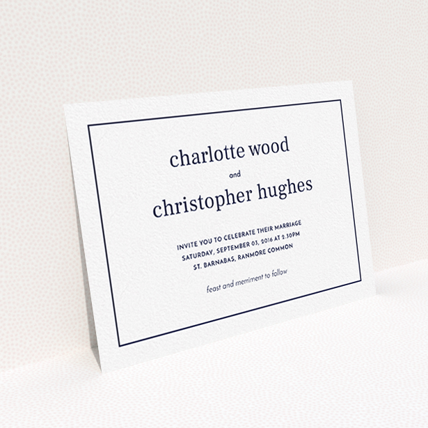 A wedding invite card design titled "Nice and square". It is an A6 invite in a landscape orientation. "Nice and square" is available as a flat invite, with mainly white colouring.