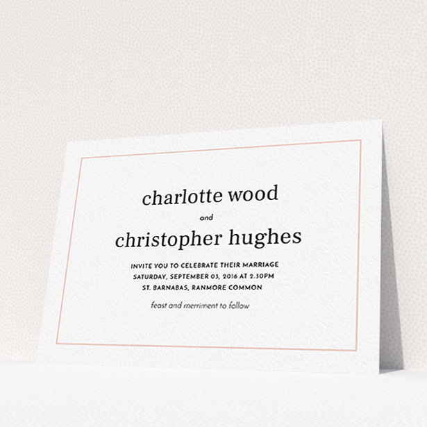 A wedding invite card template titled "Nice and square". It is an A6 invite in a landscape orientation. "Nice and square" is available as a flat invite, with tones of white and Pink.