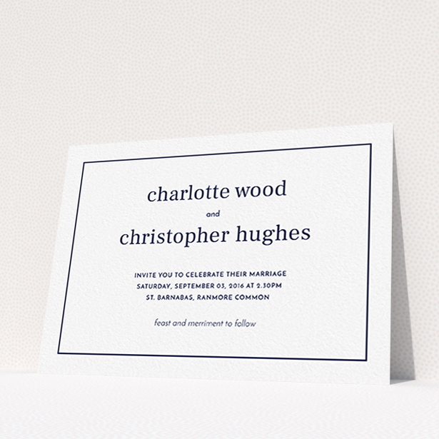 A wedding invite card design titled "Nice and square". It is an A6 invite in a landscape orientation. "Nice and square" is available as a flat invite, with mainly white colouring.
