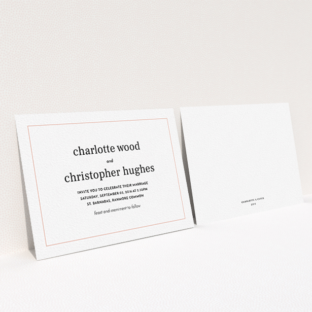 A wedding invite card template titled "Nice and square". It is an A6 invite in a landscape orientation. "Nice and square" is available as a flat invite, with tones of white and Pink.