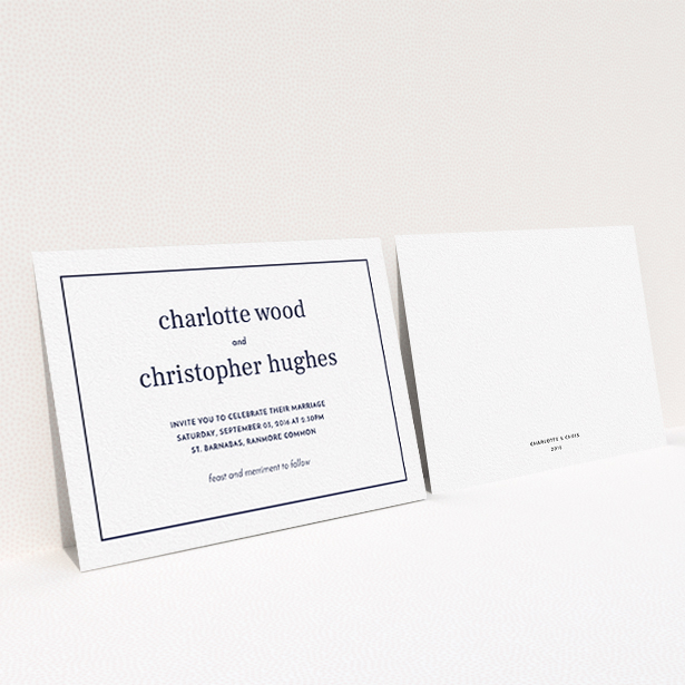 A wedding invite card design titled "Nice and square". It is an A6 invite in a landscape orientation. "Nice and square" is available as a flat invite, with mainly white colouring.