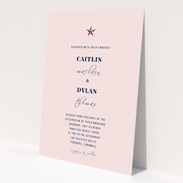 A wedding invite card template titled 'North Star'. It is an A6 invite in a portrait orientation. 'North Star' is available as a flat invite, with mainly pink colouring.