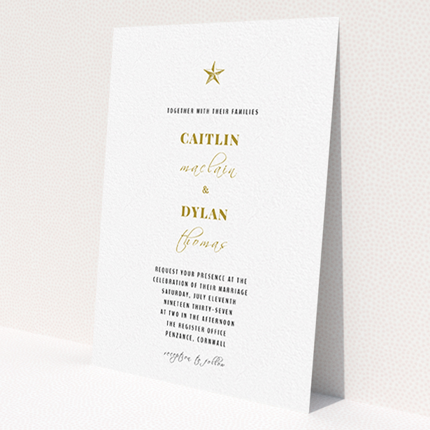 A wedding invite card named 'North Star'. It is an A6 invite in a portrait orientation. 'North Star' is available as a flat invite, with tones of white and gold.