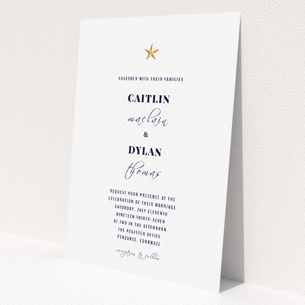 A wedding invite card design titled 'North Star'. It is an A6 invite in a portrait orientation. 'North Star' is available as a flat invite, with tones of white and gold.