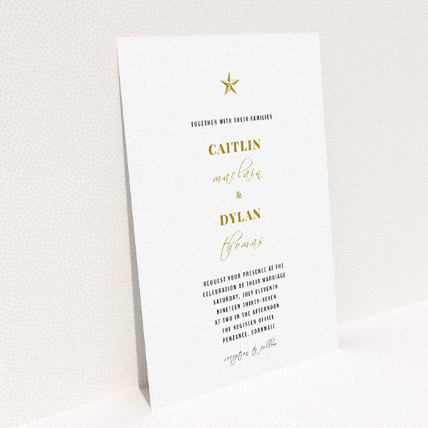 A wedding invite card named "North Star". It is an A6 invite in a portrait orientation. "North Star" is available as a flat invite, with tones of white and gold.