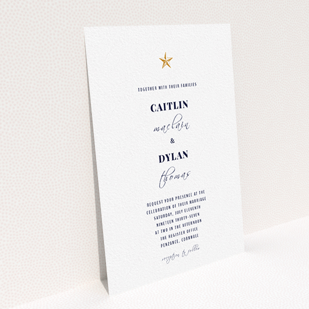 A wedding invite card design titled "North Star". It is an A6 invite in a portrait orientation. "North Star" is available as a flat invite, with tones of white and gold.