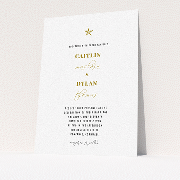 A wedding invite card named "North Star". It is an A6 invite in a portrait orientation. "North Star" is available as a flat invite, with tones of white and gold.