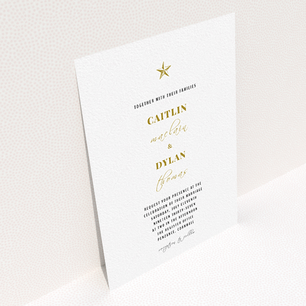 A wedding invite card named "North Star". It is an A6 invite in a portrait orientation. "North Star" is available as a flat invite, with tones of white and gold.
