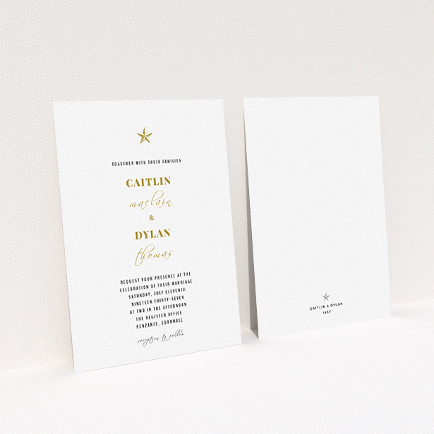 A wedding invite card named "North Star". It is an A6 invite in a portrait orientation. "North Star" is available as a flat invite, with tones of white and gold.