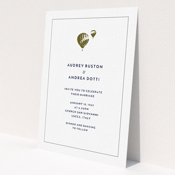 A wedding invite card template titled 'Off and away'. It is an A6 invite in a portrait orientation. 'Off and away' is available as a flat invite, with mainly white colouring.