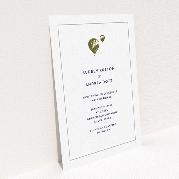 A wedding invite card template titled "Off and away". It is an A6 invite in a portrait orientation. "Off and away" is available as a flat invite, with mainly white colouring.