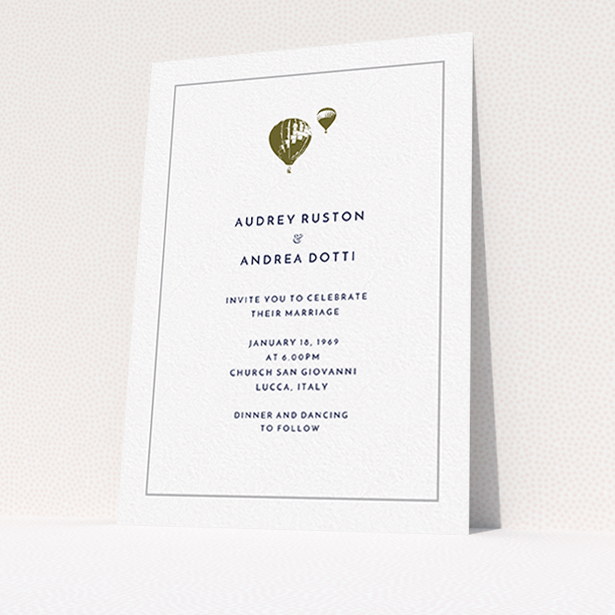 A wedding invite card template titled "Off and away". It is an A6 invite in a portrait orientation. "Off and away" is available as a flat invite, with mainly white colouring.
