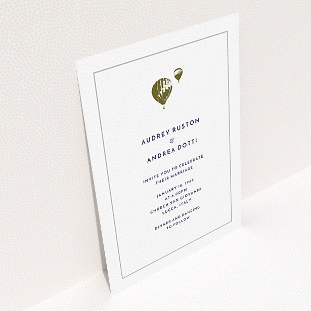 A wedding invite card template titled "Off and away". It is an A6 invite in a portrait orientation. "Off and away" is available as a flat invite, with mainly white colouring.