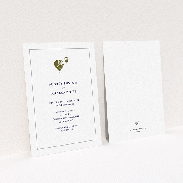 A wedding invite card template titled "Off and away". It is an A6 invite in a portrait orientation. "Off and away" is available as a flat invite, with mainly white colouring.