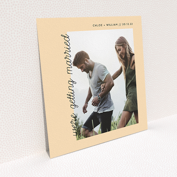 A wedding invite card called "Old Orange". It is a square (148mm x 148mm) invite in a square orientation. It is a photographic wedding invite card with room for 1 photo. "Old Orange" is available as a flat invite, with mainly faded orange colouring.