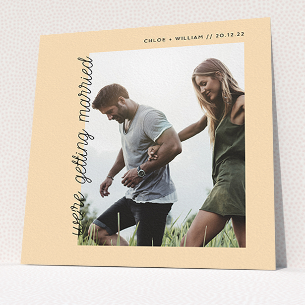A wedding invite card called "Old Orange". It is a square (148mm x 148mm) invite in a square orientation. It is a photographic wedding invite card with room for 1 photo. "Old Orange" is available as a flat invite, with mainly faded orange colouring.