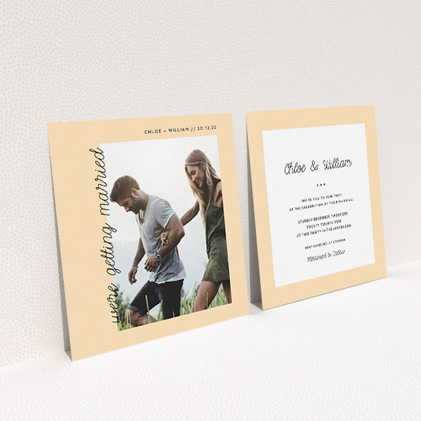 A wedding invite card called "Old Orange". It is a square (148mm x 148mm) invite in a square orientation. It is a photographic wedding invite card with room for 1 photo. "Old Orange" is available as a flat invite, with mainly faded orange colouring.